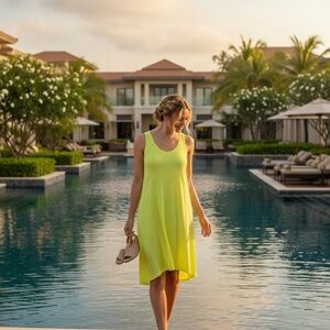 Eileen Fisher Twist Cotton Hemp Tank Dress Yellow Honeydew Chartreuse High low M